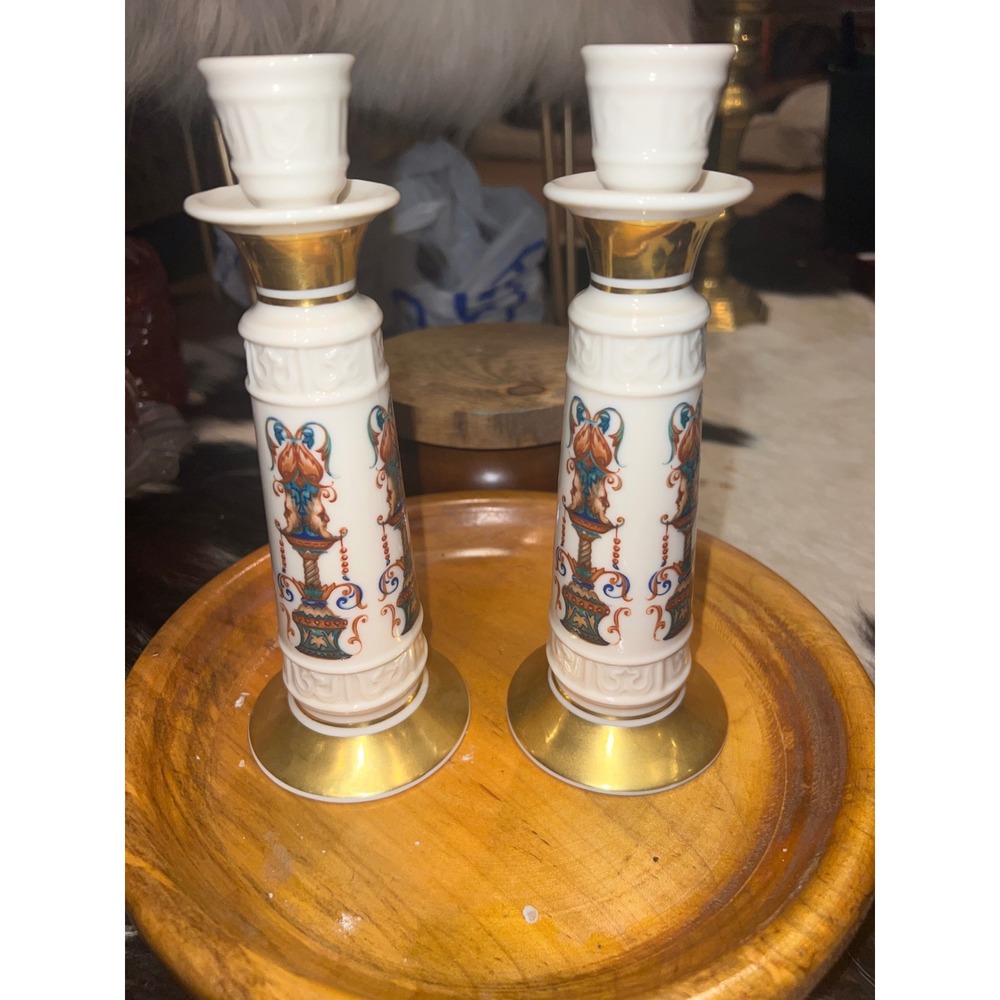Lenox Quatrain Candlesticks Pair Hand Decorated 24KGold Trim Ivory Porcelain USA